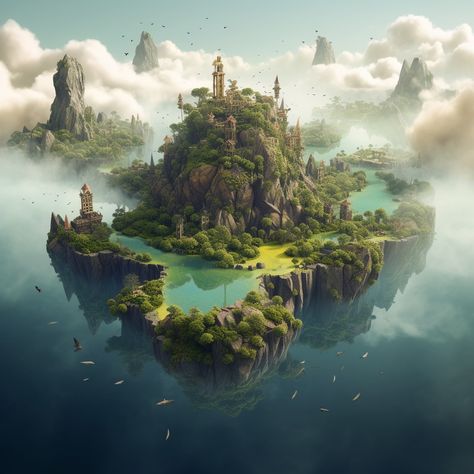 island floating in the sky Floating Cities Fantasy Art, Floating Fantasy Island, Floating Island Landscape, Sky Islands Fantasy Art, Floating City Concept Art, Fantasy Floating City, Fantasy Floating Islands, Floating Island Art, Floating Islands Fantasy Art