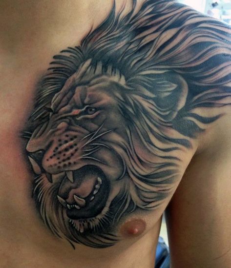 Roaring Lion Tattoo, Lion Chest Tattoo, Tato Suku, Tato Dada, Tato Naga, Tattoo Placements, Lion Tattoo Sleeves, Mens Lion Tattoo, Maori Tattoos