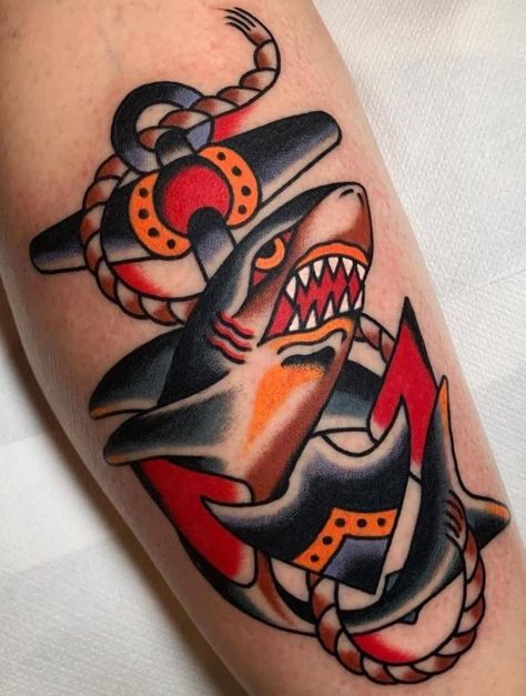 Traditional Shark Tattoo, Traditional Tattoo Woman, Tattoo New, Traditional Tattoo Old School, Traditional Tattoo Inspiration, Traditional Style Tattoo, Sailor Jerry Tattoos, Wild Tattoo, Traditional Tattoo Sleeve