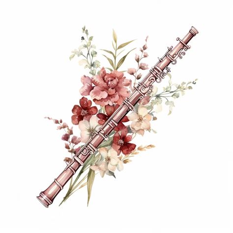 Premium AI Image | A flute with flowers and a white background Flute Pictures, Flute Wallpapers, Pink Violin, Flute Art, Flute Drawing, Fantasy Dream, Certificate Background, Instruments Art, Fabric Crafts Diy