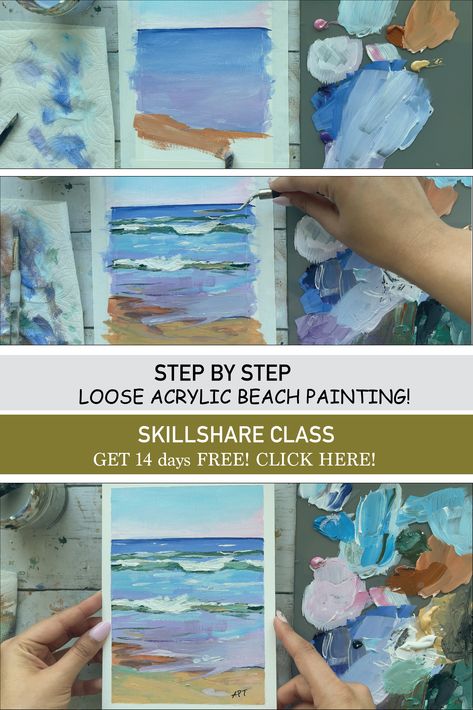 Loose Acrylic Beach Painting How To Paint An Ocean Scene, Abstract Beach Painting Acrylics, Loose Acrylic Painting Tutorials, Acrylic Beach Painting Tutorials, How To Paint An Ocean, Diy Ocean Painting, Beach Painting Acrylic, Painting Tutorials For Beginners, Things Paint