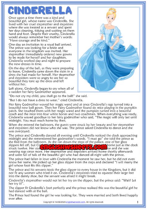 Cinderella ESL Reading Text Worksheet For Kids Cinderella Short Story, Cinderella Story For Kids, Cinderella Story Book, Picture With Text, Reading Lab, Cinderella Pictures, Esl Reading Comprehension, Stories With Moral Lessons, Cartoon Mountain