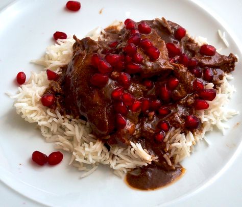 Fesenjoon – Chicken with Walnuts & Pomegranates | Jono & Jules do food & wine Fesenjoon Recipe, Rice And Salad, Yasmin Khan, Salad Chicken, Pomegranate Molasses, Skinless Chicken Thighs, Pomegranate Seeds, Basmati Rice, Cooking Inspiration