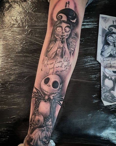 55 Amazing Jack And Sally Tattoo Ideas To Inspire You In 2023! 14 Outsons Jack And Sally Hand Tattoo, Jack And Sally Watercolor Tattoo, Disney Tattoos Nightmare Before Christmas, Jack And Sally Sleeve Tattoo, Jack N Sally Tattoos, Jack And Sally Tattoo Design, Nightmare Before Christmas Sally Tattoo, Jack Skellington Tattoo Design, Jack Skellington And Sally Tattoo