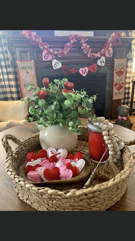 Valentine’s Day Dough Bowl, Valentines Coffee Table Decor, Valentine Mantle Decor, Valentine Mantle, February Decor, Valentine Wreaths, Kitchen Vignettes, Valentine Table, Valentine Coffee