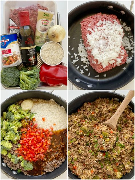 One Pot Teriyaki Beef and Rice is a simple, 30 minute dinner recipe. Ground beef, onion, broccoli, red pepper, and Jasmine rice simmer in garlic seasoned beef broth & teriyaki sauce. Teriyaki Beef And Rice, Dinner Recipe Ground Beef, Onion Rice Recipe, Broccoli Red Pepper, Crockpot Rice Recipes, School Dinner Recipes, Recipe Ground Beef, Jasmine Rice Recipes, Ground Beef And Broccoli