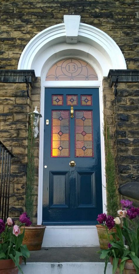 Hague Blue Front Door, Farrow And Ball Hague Blue, Farrow Ball Hague Blue, Craftsman Style Front Doors, Stained Glass Front Door, Victorian Front Door, Victorian Front Doors, Front Door Styles, Blue Front Door