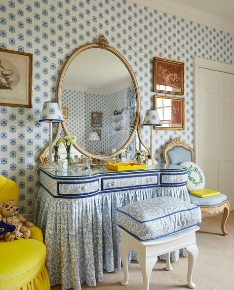 The Glam Pad | We are utterly captivated by this sweet blue and yellow dressing room by @comptonsmithinteriors. The perfect spot to ready oneself for a… | Instagram French Dressing Room, Beautiful Dressing Table, Blue And White Bedroom, Hook Line And Sinker, English Country Style, Table Inspiration, Coastal Bedroom, Big Girl Rooms, Dream House Interior