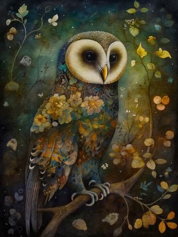 size: 12x9in Art Print: Holy Forest Owl by The Dutch Lady : Dutch Lady, Forest Owl, Decoupage Projects, Owl Cross Stitch, Owl Art Print, Winter Owl, Owl Canvas, Lady Art, Owl Illustration