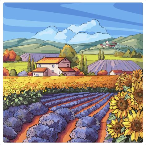 #lavender #sunflower #field #farm Lavender Field Drawing, Sunflower Field Painting, Lavender Sunflower, Farm Drawing, Field Drawing, Sunflower Farm, Outdoor Scenery, Field Painting, Drawing Wallpaper