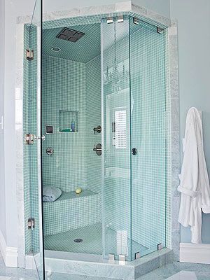 Brilliant shower - all enclosed, steam room, seat (brilliant for shaving legs I'm sure!), pretty, list goes on...... Corner Decorations, Small Bathroom With Shower, Space Saving Bathroom, Bad Inspiration, Small Showers, Small Bathroom Makeover, Small Bath, Corner Shower, Bathroom Redo