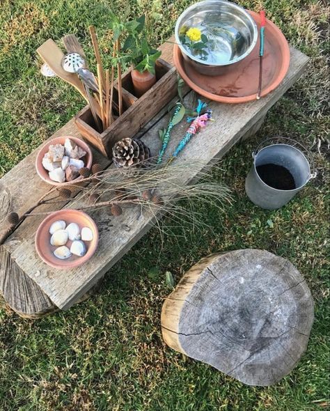 Outdoor Potion Station For Kids, Forest School Set Up, Easy Mud Kitchen, Reggio Quotes, Potion Play, Investigation Area, Garden Classroom, Mud Kitchen For Kids, Mud Kitchens