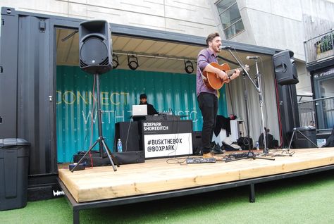 Busk the Box in action. www.isospaces.co.uk Container Music Studio, Storage Container Outdoor Bar, Outdoor Concert Stage Design, Container Stage, Pop Up Ideas, Container Exhibition, Walk In Robe Ideas, Beer Garden Ideas, Container Cafe