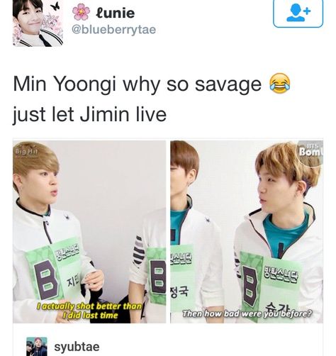 The always-savage Min Suga Suga Being Savage Memes, Suga Being Savage, Suga Savage, Suga Jimin, Baby Live, Bts Facts, Bts Memes Hilarious, Bts Meme, Funny Kpop Memes