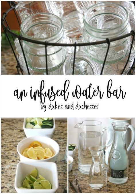 an infused water bar Infused Water Bar Drink Stations, Flavored Water Bar, Infused Water Bar, Water Bar Ideas, Water Bar, Soda Bar, Food Bars, Entertainment Ideas, Fruit Infused Water