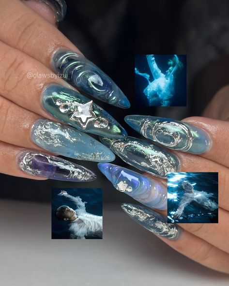 blue hues inspired by ENHYPEN’s Dark Blood album🌊 image references sent in by client~ these were also her graduation nails! ^_^ Yuri On Ice Nails, Portal Nails, Dark Mermaid Nails, Enhypen Inspired Nails, Enhypen Nails Designs, Arcane Nails, Enhypen Nails, Siren Nails, Luv Nails