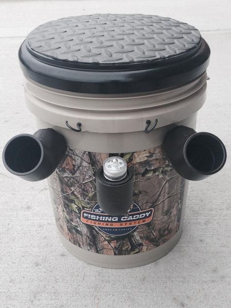 Fishing Caddy bucket combines a seat, tackle-box, and pole holder - Fishing bucket Fishing Bucket, Fishing Rod Storage, Fishing Tackle Box, Fishing Rod Holder, Fishing Game, Tackle Box, Rod Holder, Fish Camp, Ice Fishing