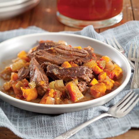 Let this pot roast cook on Sunday afternoon and enjoy leftovers during the week. Roast With Sweet Potatoes, Sweet Potato Recipes Roasted, Venison Roast, Pot Roast Crock Pot Recipes, Crockpot Roast, Pot Roast Recipes, Roast Recipes, Sweet Potato Recipes, Roasted Sweet Potatoes