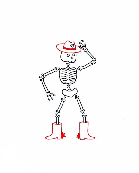 Cute Skeleton Drawing Easy, Skeleton Minimalist Tattoo, Skeleton Art Easy, Cowboy Skeleton Tattoo Simple, Skeleton Art Simple, Skeleton In Cowboy Boots Tattoo, Cowgirl Skeleton Tattoo, Simple Skeleton Tattoo, Ghost Tattoos With Cowboy Hat