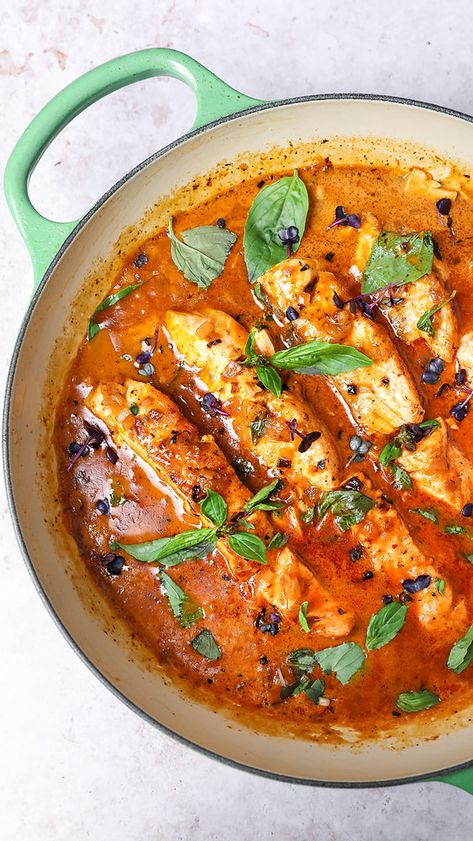 A quick and simple midweek meal, ready in less than 20 minutes. Packed with protein, flavour, textures and colour. Pan-fried salmon in a creamy, Thai red coconut sauce. Serve with basmati rice, Thai basil and naan bread.Total time to make : 20 minutes Time to prep : 5 minutesTime to cook : 15 minutesServings : 4Ingredients4 salmon fillets4 tbsp olive oil2 shallots, finely diced4 tsp ginger, grated or finely diced4 garlic cloves, minced4 tbsp Thai red curry paste1 tin (400ml) coconut milk*1 ... Salmon Coconut, Pan Fried Salmon, Red Salmon, Fried Salmon, Coconut Sauce, Red Curry Paste, Midweek Meals, Thai Basil, Coconut Curry