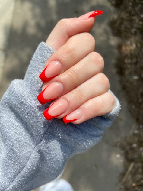 Simple Red Acrylic Nails Square, Trendy Nails Red Square, Square Nails Ideas Red, Red Nail Tips Designs, Classy Christmas Nails Short Square, Red Nail Designs Square, Red French Tip Nails Coffin, 2023 Red Nails, Red French Tip Nails Square