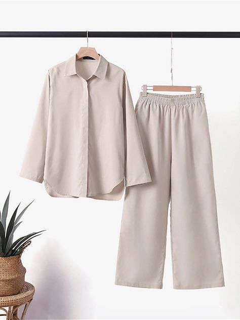 Women's Loungewear Sets Pure Color Basic Casual Comfort Home Street Daily Cotton Breathable Lapel Long Sleeve Shirt Pant Button Summer Spring Pink Blue 2024 - ZAR R786.64 Feminine Skirt, Casual Chique, Casual Long Sleeve Shirts, Summer Linen, Loose Outfit, Turndown Collar, Loose Pants, Complete Outfits, Modern Outfits