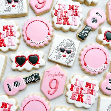 So excited to finally do a Taylor Swift set! Wishing a very happy 9th birthday to this Swiftie! 💕 #taylorswiftcookies #taylorswift… | Instagram Taylor Swift Eras Cookies Decorated, Taylor Swift Birthday Cookies Decorated, Taylor Swift Cookies Birthday, Taylor Swift Royal Icing Cookies, Taylor Swift Sugar Cookies Decorated, Taylor Swift Cookie Cake, Taylor Swift Treats, Taylor Swift Themed Cookies, Taylor Swift Eras Cookies