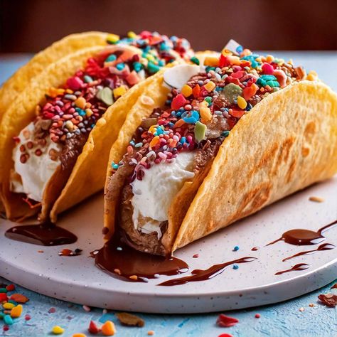 Ice Cream Tacos 😍🍫🧊 These delicious Ice Cream Tacos are a fun and unique dessert that’s perfect for impressing guests or satisfying a sweet craving! With soft cinnamon sugar taco shells filled with creamy ice cream and topped with rich chocolate, they’re sure to be a hit. 🍫 Ingredients For the Taco Shells: 1 package (10 count) flour street tacos 3 tablespoons unsalted butter, melted 1/4 cup Imperial Sugar Extra Fine Granulated Sugar 1 1/2 teaspoons ground cinnamon For the Filling: 1 quart v... Taco Ice Cream, Ice Cream Tacos, Cream Tacos, Ice Cream Taco, Creamy Ice Cream, Taco Shells, Delicious Ice Cream, Street Tacos, Unique Desserts