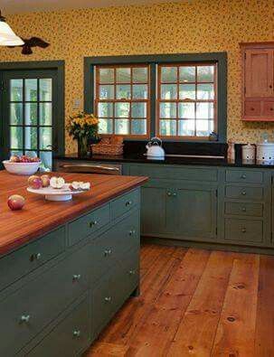 I love the Teal Blue Painted Cabinets!!! Bebe'!!! I also love the Butcher Block Countertop and Wide Plank Floors!!! Early American Kitchen, Milk Paint Kitchen Cabinets, Primitive Kitchen Cabinets, Crown Point Cabinetry, Colonial Kitchens, Colonial Kitchen, American Gallery, American Kitchen, Primitive Kitchen