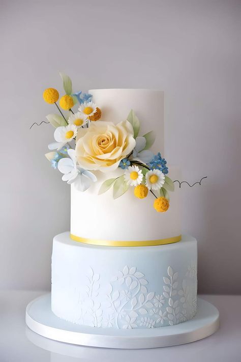 Wedding Cake Dusty Blue, Yellow Wedding Cake, Pretty Wedding Cakes, Green Cake, Wedding Cakes Blue, Yellow Wedding, Yellow And Blue, Pastel Blue, Dusty Blue