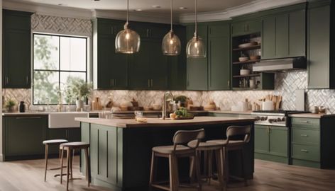 Dark Green Kitchen Ideas, Hunter Green Kitchen, Kitchen Ideas Green, Green Shaker Cabinets, Green Shaker Kitchen, Dark Kitchen Floors, Green Kitchen Ideas, Green Kitchens, Green Kitchen Island