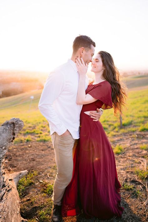 Maroon Dress Engagement Photos, Preshoot Dress Ideas, Engagement Photos Burgundy Dress, Maroon Engagement Photos, Red Dress Couple Photoshoot, Engagement Photos Red Dress, Poses For Couples Engagement, Bay Area Engagement Photos, Garden Photoshoot