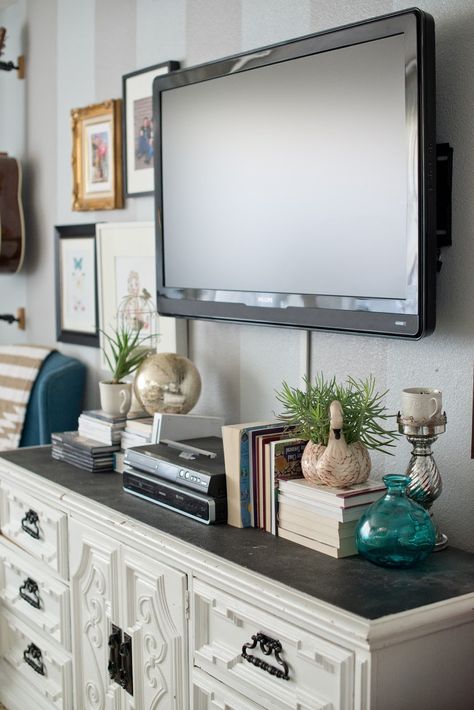 Domestic Fashionista: Styling a Modern Gallery Wall Decorating Around A Tv, Decor Around Tv, Tv Mounted, Swivel Tv Stand, Under Tv, Tv Stand Decor, Swivel Tv, Tv Wall Mount, Tv In Bedroom