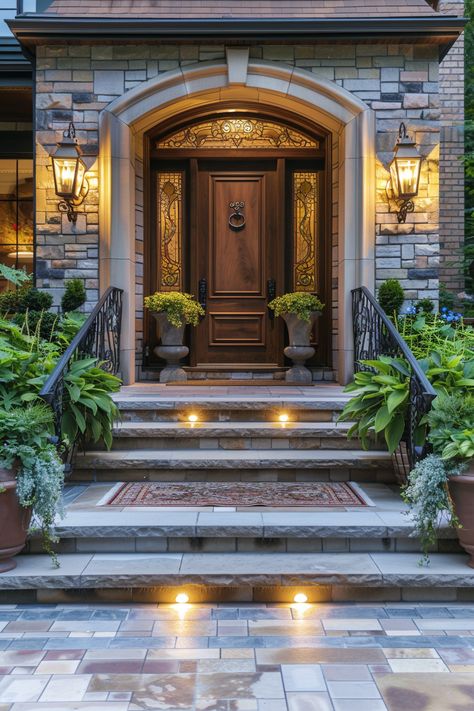 Enchanting Evening Entry: A Warm Welcome Home with Traditional Elegance Cottage Core Front Door, Door Lighting, Wooden Front Door, Front Door Lighting, Stone Steps, Nautical Lighting, Rustic Lanterns, Outdoor Chandeliers, Large Lanterns