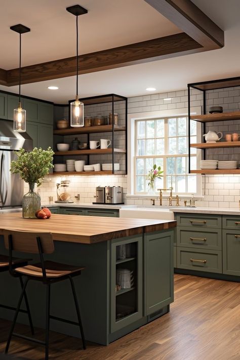 Kitchen Trends 2024, Kitchenette Design, Farmhouse Dining Room Decor, Dark Green Kitchen, Scandinavian Kitchen Design, Modern Farmhouse Bathroom, Farmhouse Kitchens, Rustic Farmhouse Kitchen, Farmhouse Kitchen Design