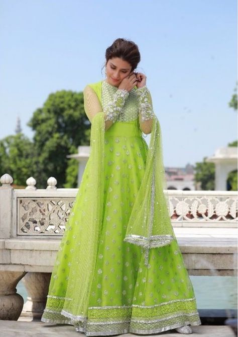 Ayeza Khan Dresses, Aiza Khan, Angrakha Style, Embroidered Anarkali, Embellished Shirt, Frock For Women, Ayeza Khan, Light Green Color, Pakistani Wedding Dresses