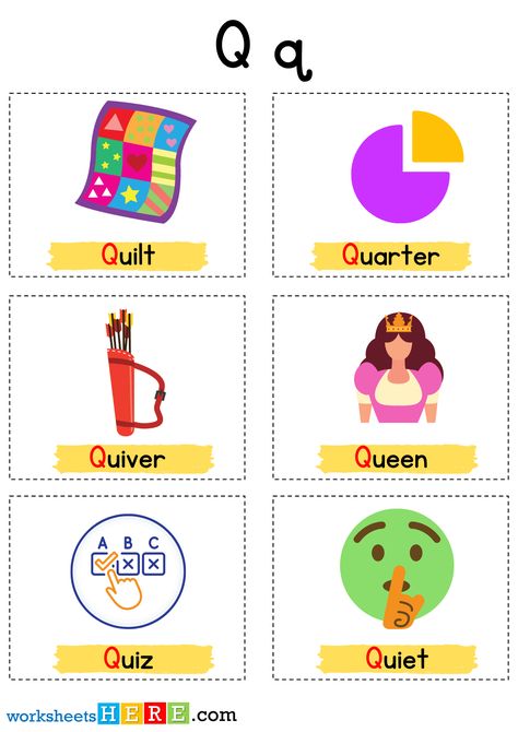 Things That Start With Q Letter with Pictures, Alphabet Q Words Examples - WorksheetsHere.com Letter Q Activities For Preschool, Letter With Pictures, Q Words, Words With Q, Letter Q Worksheets, Insects Kindergarten, Q Letter, Monkey Mask, Words List