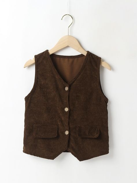 Chocolate Brown Casual  Sleeveless Corduroy Plain Other  Non-Stretch Spring/Fall Girls Clothing Corduroy Vest Outfit, Sewing Corduroy, Corduroy Aesthetic, Corduroy Clothes, Vest Street Style, Corduroy Outfit, Baby Boy Dungarees, Natural Clothes, Corduroy Vest