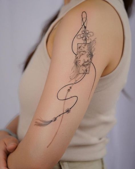 Female Japanese Tattoo, Vietnamese Inspired Tattoo, Korean Inspired Tattoos, Asian Tattoos For Women, Norigae Tattoo, Vietnamese Tattoo Ideas, Omamori Tattoo, Vietnamese Tattoo, Enchanted Tattoo