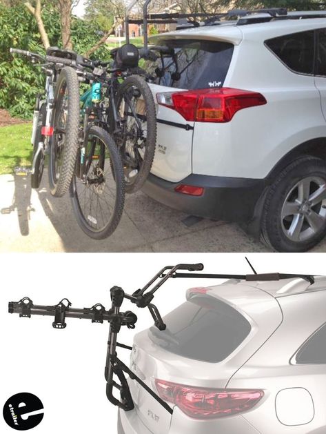 Designed for SUVs, minivans, and hatchbacks with spoilers, this versatile, trunk-mounted 3-bike rack has anti-sway cradles and independently adjustable arms. High-rise frame and multiple strap mounting options prevent damage to your spoiler. Suv Bike Rack, Hitch Bike Rack, Bike Racks, Rack Design, Bike Rack, Mini Van, Custom Fit, Stationary Bike, Car Accessories