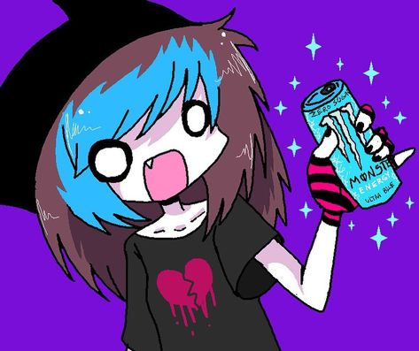 🌈Julie🌈 on Instagram: “Yummehhhh 💙🖤💙🖤💙 Whatz ur fav monster drink? X3 Quick drawing while my headache iz calm u_u You may NOT use this in any shape or form❣️…” Monster Drink, Scene Emo Art, Scene Kid Art, Scenecore Art, Vtuber Design, 2000s Scene, 2000s Art, Scene Core, Scene Drawing