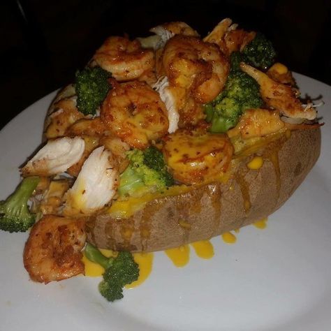 Overloaded Baked Potato with Chicken, Shrimp, Broccoli & Cheese Overloaded Baked Potato, Shrimp Broccoli, Chicken Shrimp, Broccoli Cheese, Food Goals, Gumbo, Food Obsession, Food Cravings, I Love Food