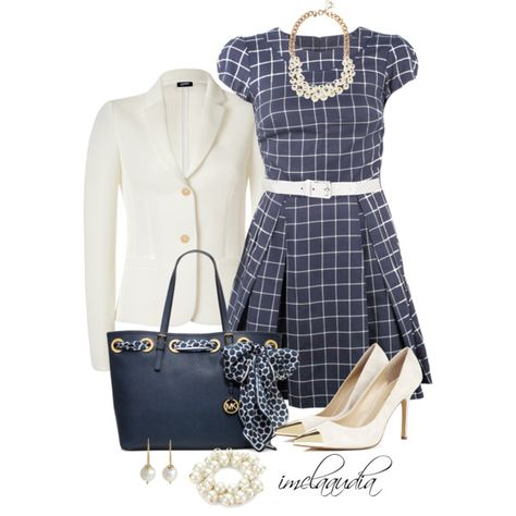 Blue Bag with Scarf, created by imclaudia-1 on Polyvore Bag With Scarf, Working Outfit, Ivory Blazer, Moms Fashion, Apostolic Fashion, Lovely Fashion, Business Casual Outfits For Work, Cap Sleeve Dress, Office Dress