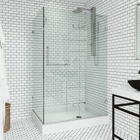 VIGO Monteray 48 in. x 32 in. x 79 in. Rectangular Pivot Frameless Corner Shower Enclosure in Chrome with Right Base-VG6011CHCL48WR - The Home Depot Neo Angle Shower Enclosures, Frameless Glass Shower Enclosure, Corner Shower Kits, Chrome Shower Door, Bathtub Enclosures, Neo Angle Shower, Corner Shower Enclosures, Frameless Shower Enclosures, Glass Shower Enclosures