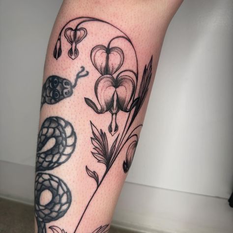 Bleeding heart to fill in some gaps 🌸 Heart Flower Tattoo, Fake Skin Tattoo, Fake Skin, Plant Tattoo, Red Tattoos, Badass Tattoos, Foot Tattoos, Heart Tattoo, Skin Art