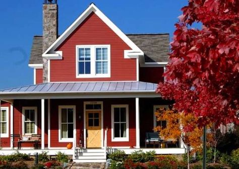 Red House Red House Exterior, Red Barn House, Farmhouse Exterior Colors, Metal Roof Houses, Red Houses, Red Farmhouse, Paint Your House, Colors For House, Exterior House Paint