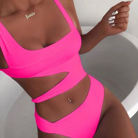 Hot Pink One Piece Cutout Swimsuit. Lightly Padded Top With Wide Shoulder Straps. Cutout Around Midsection With A Full Back. Gorgeous Color! Look Rose, Red One Piece, Flattering Swimsuits, Asymmetrical Cut, White One Piece, Pink One Piece, Swimsuit Sale, Cut Out One Piece, Swimsuits High Waisted