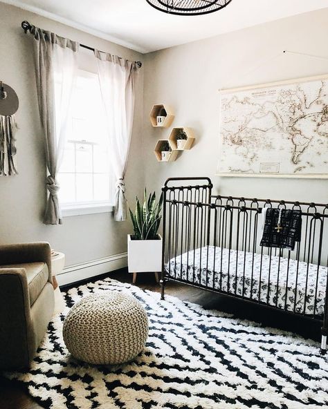 Neutral nursery, black crib, nursery ideas, modern nursery, minimal nursery Nursery Ideas Boy, Black Crib, White Nursery Decor, White Nursery, In The Corner, Trendy Bedroom, Gender Neutral Nursery, Baby Bedroom, Baby's Room