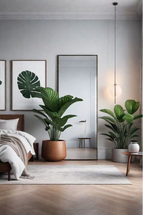 Apartment bedroom with personalized gallery wall Bedroom Photo Studio, Tropical Interior Design Bedroom, Bedroom With Flowers, Plant In Bedroom, Bedroom Tropical Style, Cozy Apartment Bedroom, Bedroom Plants Decor, Small Apartment Plans, Tropical Interior Design