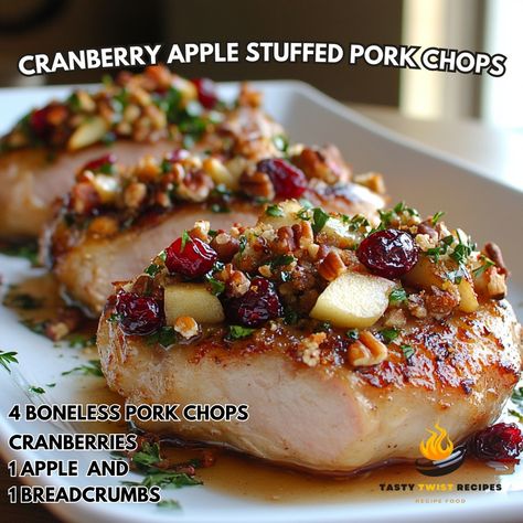 🍎✨ Elevate your dinner game with Cranberry Apple Stuffed Pork Chops! Juicy, savory, and bursting with fall flavors. 🍂🍁 Cranberry Apple Stuffed Pork Chops Ingredients: - 4 boneless pork chops - 1 cup dried cranberries - 1 apple, peeled and diced - 1/2 cup breadcrumbs - 1/4 cup chopped pecans - 1/4 cup chopped fresh parsley - 2 tbsp olive oil - Salt and pepper to taste Instructions: 1. Preheat oven to 375°F. 2. In a bowl, combine cranberries, apple, breadcrumbs, pecans, parsley, salt, and pe... Apple Stuffed Pork Chops, Pork Chops Juicy, Stuffed Pork Chops, Cozy Fall Recipes, Apple Pork Chops, Dinner Games, Stuffed Pork, Cranberry Apple, Twisted Recipes